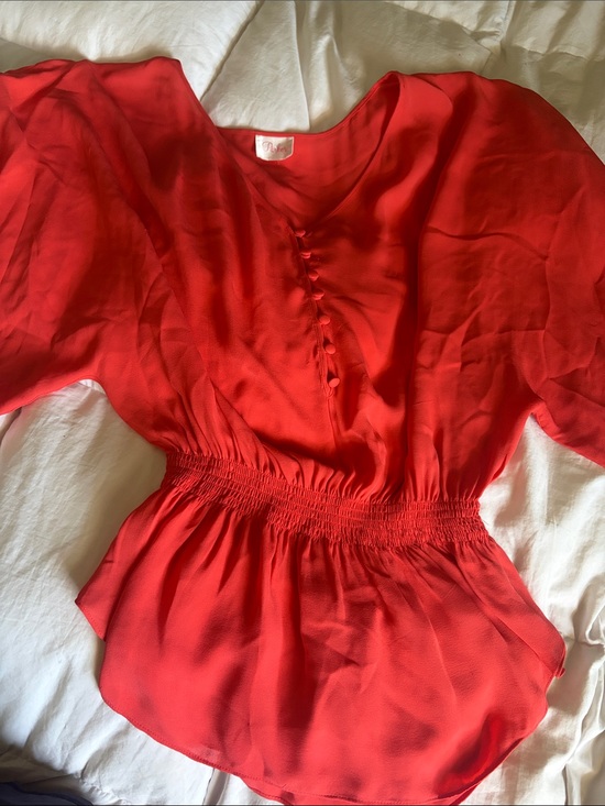 Parker Tops - Parker Bright Red Button-Front Blouse with Smocked Waist